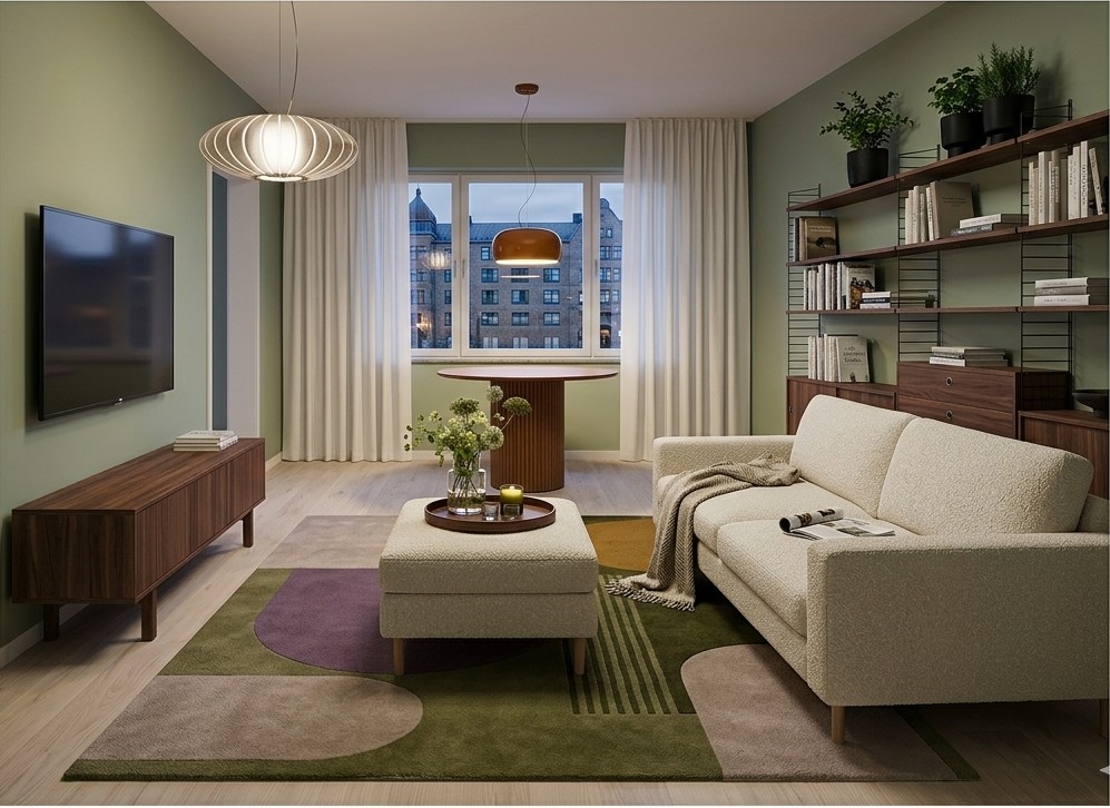 Lund IR 2023 — living room with sage green walls, walnut furniture, and String shelving
