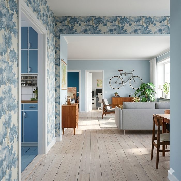 Malmö SR 2020 — funkis apartment with Sandberg Raphaël Light Blue wallpaper and vintage furnishings