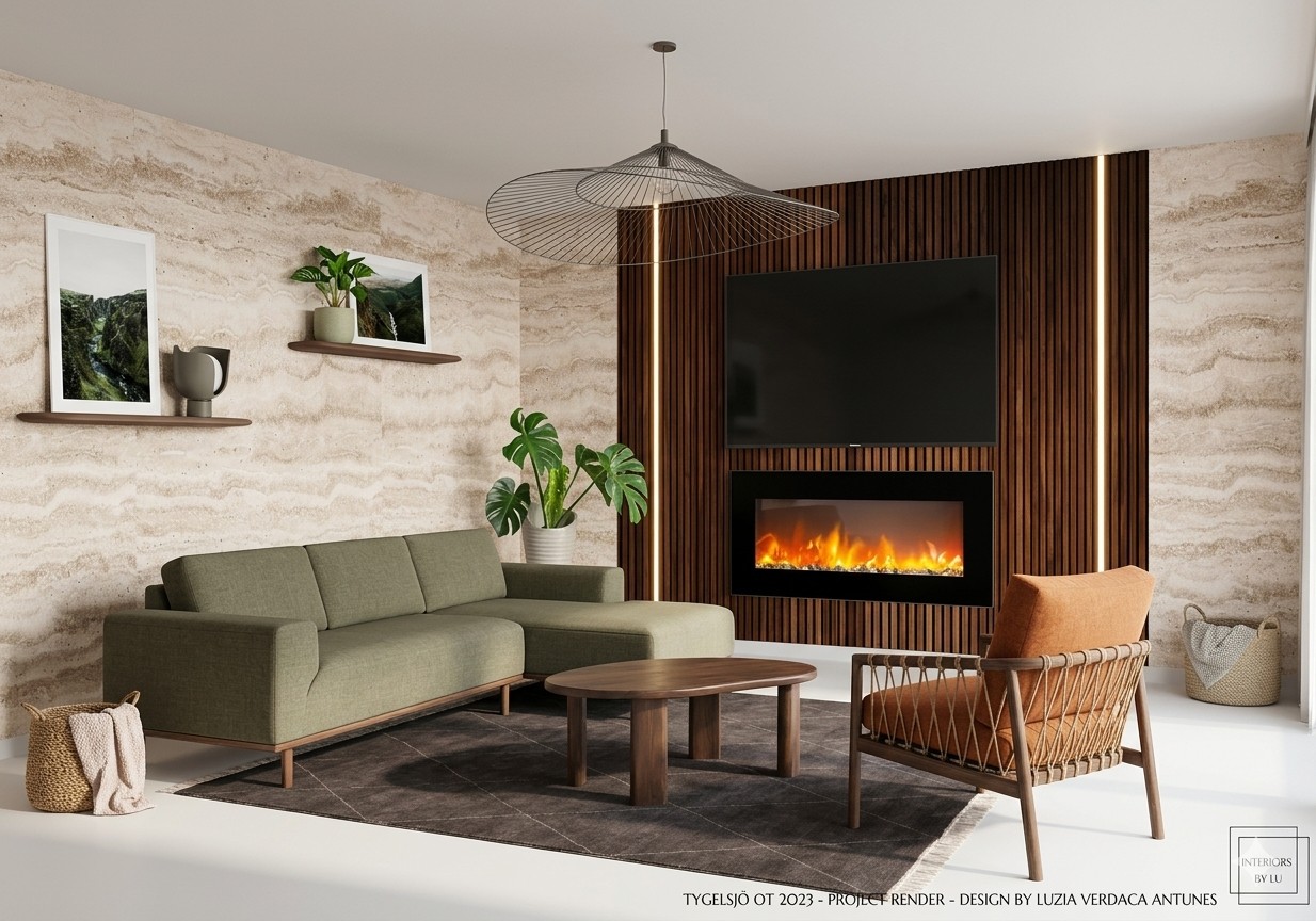 Tygelsjö OT 2023 — living room with woodwork feature wall, fireplace, and earthy tones
