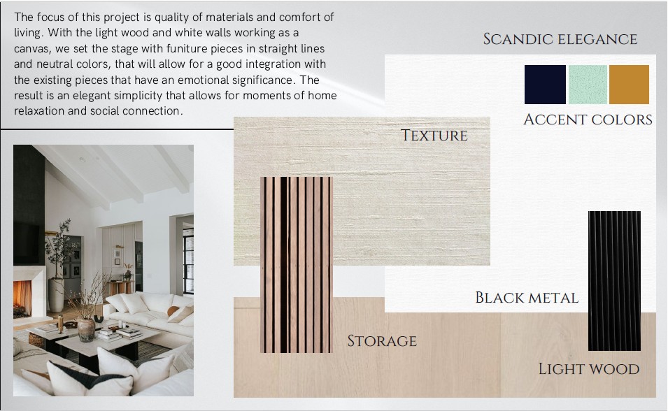 Vellinge OJ 2022 — living room with white sofa, black metal chairs, and fireplace